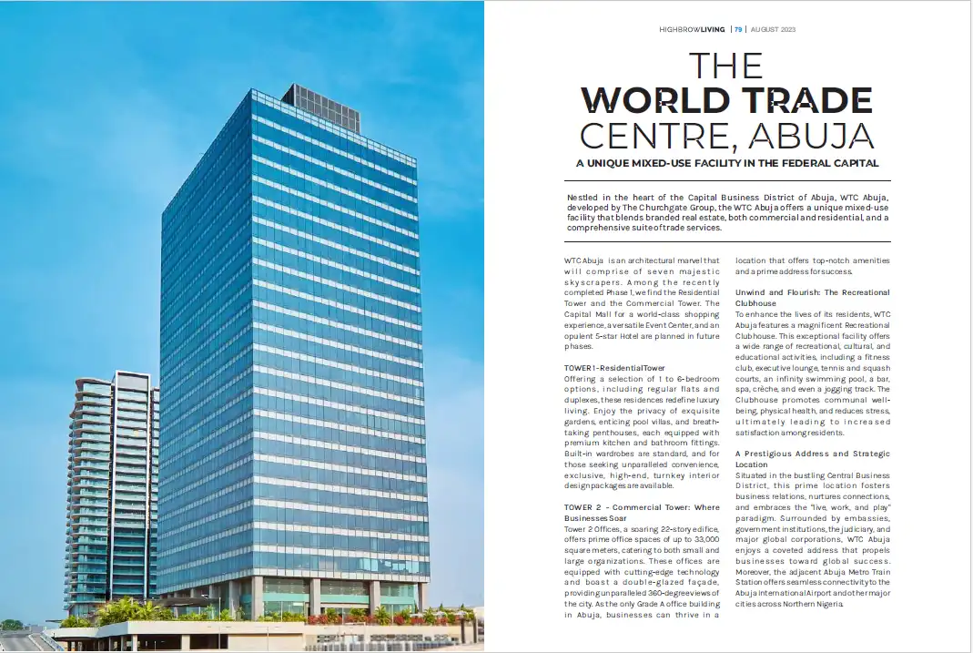 EXCLUSIVE SHOWCASE: WORLD TRADE CENTER ABUJA TOWERS’ UNIQUE CHARM IN THE PAGES OF “HIGH BROW LIVING” MAGAZINE