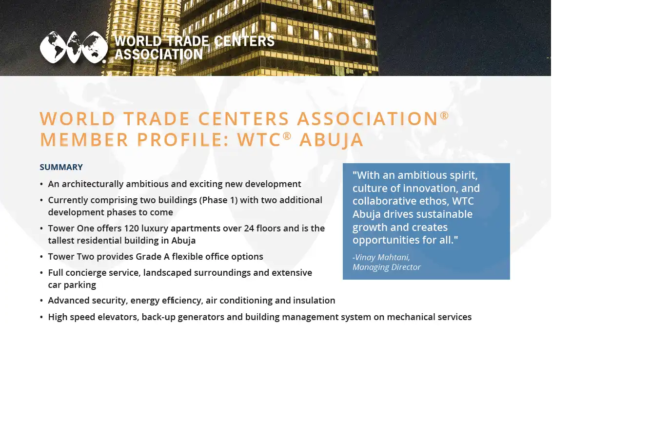 UNVEILING THE EXCEPTIONAL WORLD TRADE CENTER ABUJA: A SPECIAL CASE STORY WITHIN THE WORLD TRADE CENTERS ASSOCIATION MEMBER PROFILE.