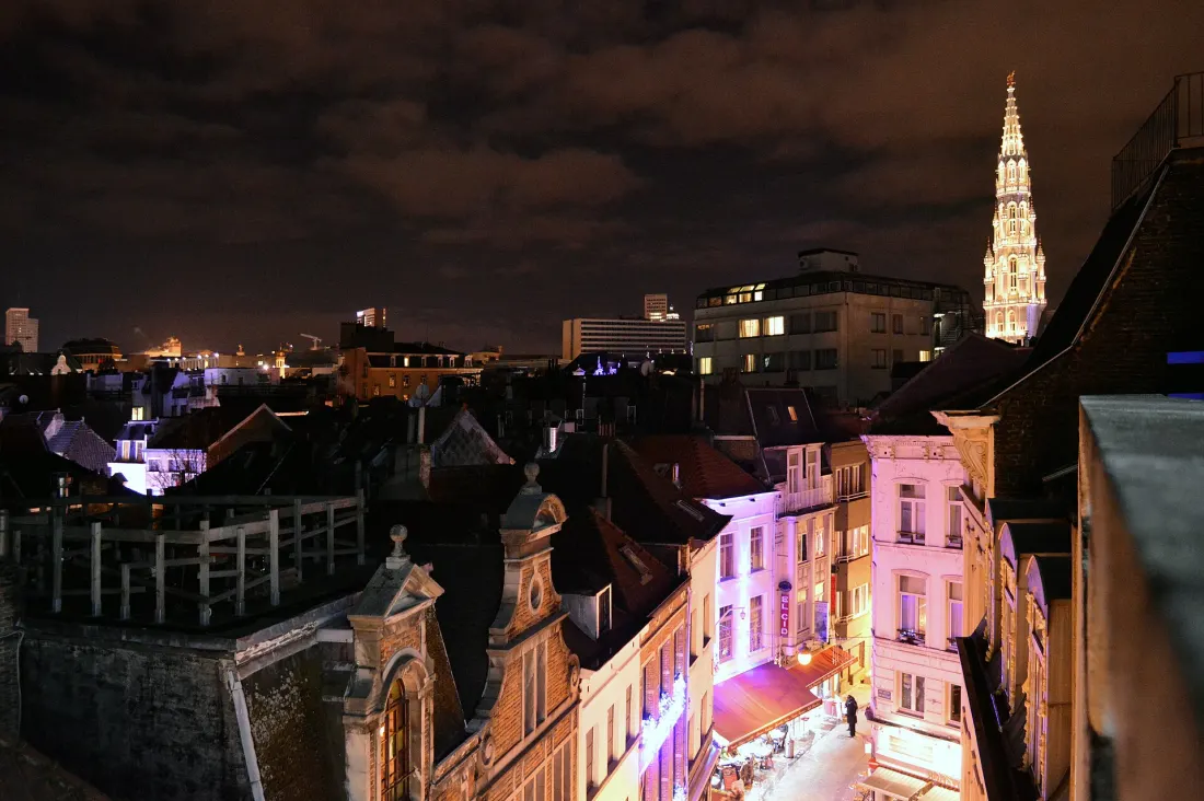 Brussels rooftops at night, with the Town Hall spire lit above them